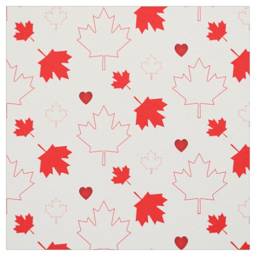 Canada Maple Leaf with Hearts on White Fabric