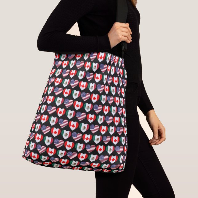 Canada Mexico USA 2026 Country Flags Hearts Crossbody Bag (Close Up)