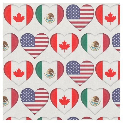 Canada Mexico USA 3 Country Flag Hearts Fabric