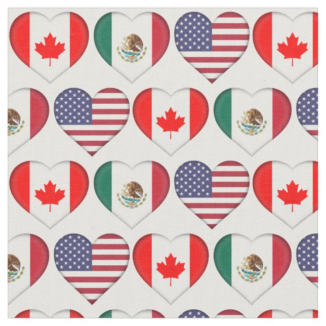 Canada Mexico USA 3 Country Flag Hearts Fabric (Close Up)