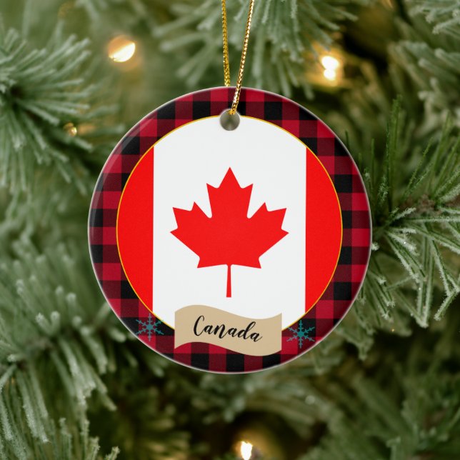 Canada, Red buffalo plaid & Canadian Flag Ceramic Ornament (Tree)