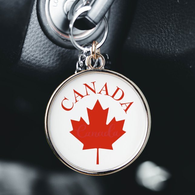 Canada Red & White Canadian Flag Keychain (Canada Canadian flag maple leaf round silver keychain)