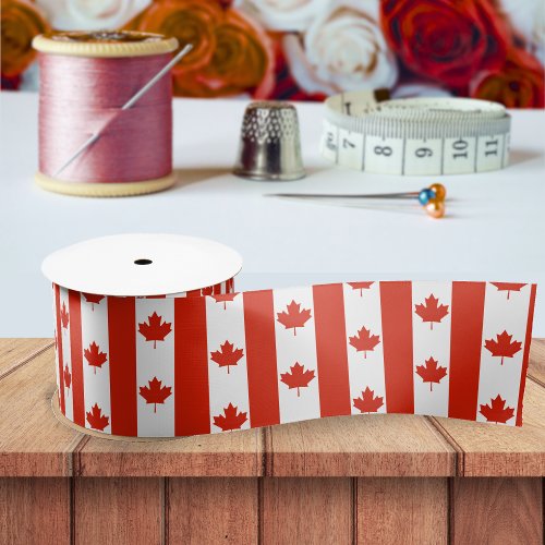 Canada Red White Canadian Flag Maple Leaf Pattern Satin Ribbon