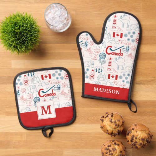 Canada  Symbols Pattern Oven Mitt  Pot Holder Set