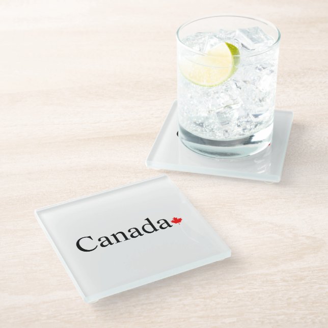 Canada typography with red maple leaf white glass coaster (Angled)