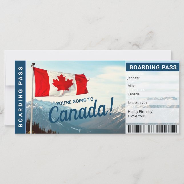 Canada Vacation Gift Boarding Pass Ticket (Front)