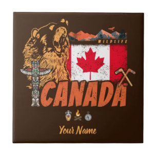 Canada Vintage Flag And Grizzly Bear Holiday Ceramic Tile