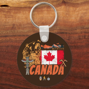Canada Vintage Flag And Grizzly Bear Holiday Keychain