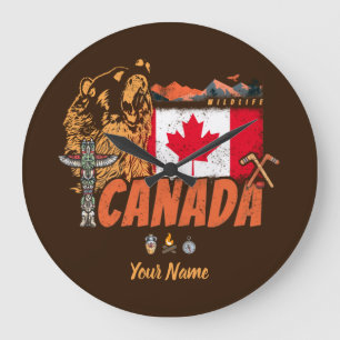 Canada Vintage Flag And Grizzly Bear Holiday Large Clock