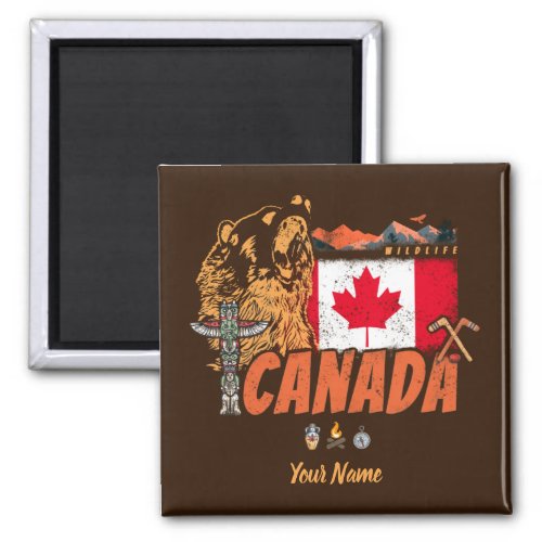 Canada Vintage Flag And Grizzly Bear Holiday Magnet