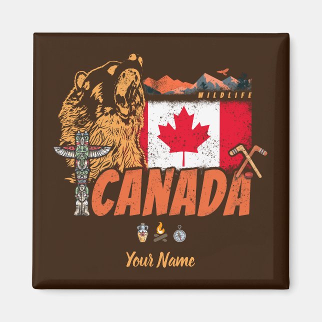 Canada Vintage Flag And Grizzly Bear Holiday Magnet (Front)