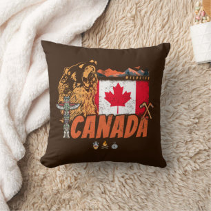 Canada Vintage Flag And Grizzly Bear Holiday Throw Pillow