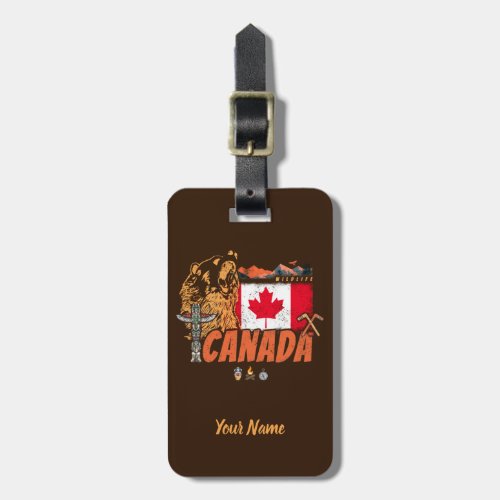 Canada vintage flag and grizzly bear souvenir luggage tag