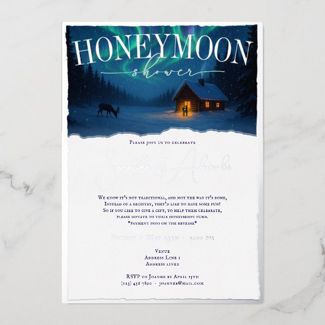 Canada Winter Lights Blue Honeymoon Couples Shower Foil Invitation (Front)