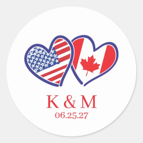 Canadian American Heart Flags Classic Round Sticker