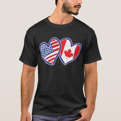 Canadian and America Flag Hearts T_Shirt