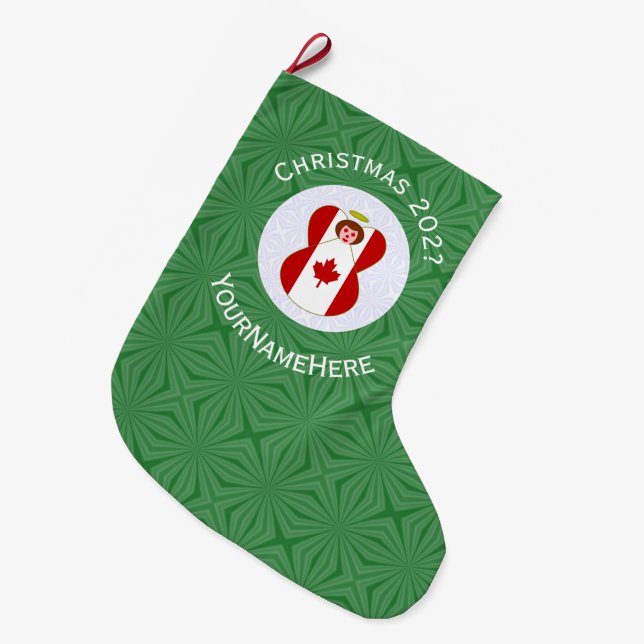 Canadian Angel Christmas Flag Personalized  Large Christmas Stocking (Front (Hanging))