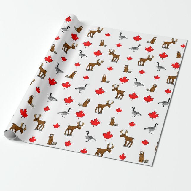 Canadian Animals And Maple Leaves Wrapping Paper (Unrolled)