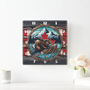 Canadian Beaver Building a Dam by Mountain Lake Square Wall Clock