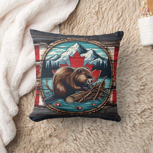 Canadian Beaver Building a Dam by Mountain Lake Throw Pillow (Blanket)