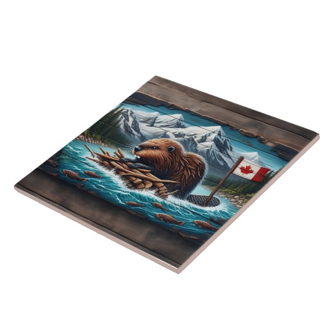 Canadian Beaver Building a Lodge Ceramic Tile (Side)