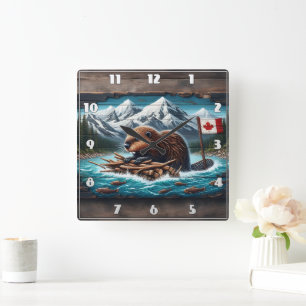 Canadian Beaver Building a Lodge Square Wall Clock