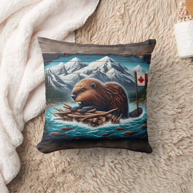 Canadian Beaver Building a Lodge Throw Pillow (Blanket)