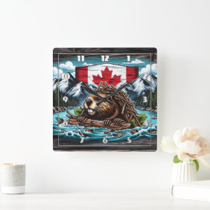 Canadian Beaver Building Dam in Rocky Landscape Square Wall Clock
