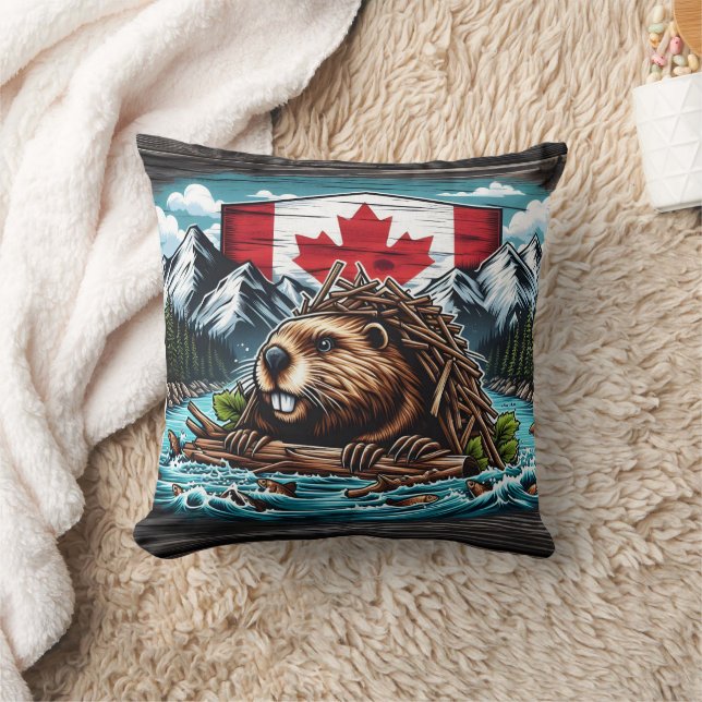 Canadian Beaver Building Dam in Rocky Landscape Throw Pillow (Blanket)