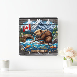 Canadian Beaver Building Dam Near Mountain Stream Square Wall Clock