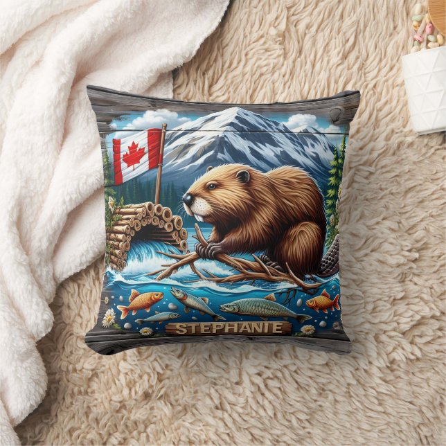 Canadian Beaver Building Dam Near Mountain Stream Throw Pillow (Blanket)