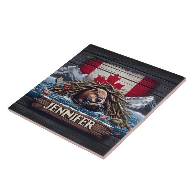 Canadian Beaver Building Dam Near Mountains Ceramic Tile (Side)