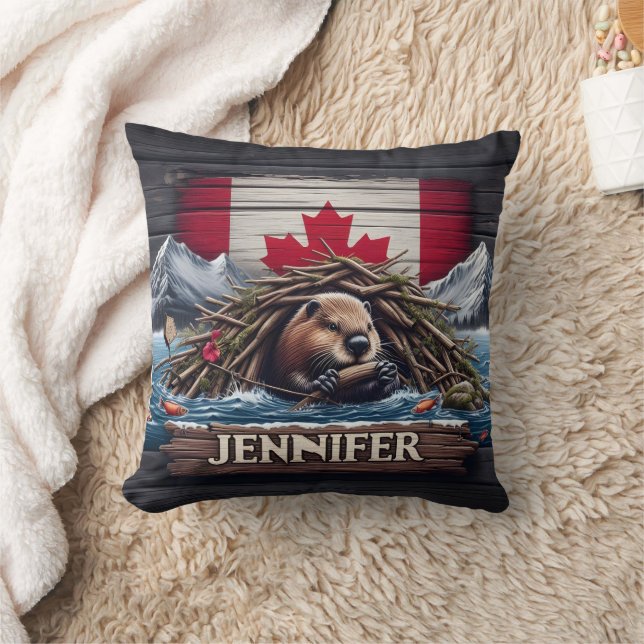 Canadian Beaver Building Dam Near Mountains Throw Pillow (Blanket)
