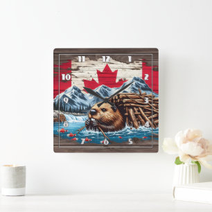 Canadian Beaver Building Its Lodge by Water Square Wall Clock