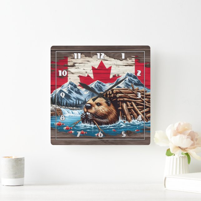 Canadian Beaver Building Its Lodge by Water Square Wall Clock (Home)