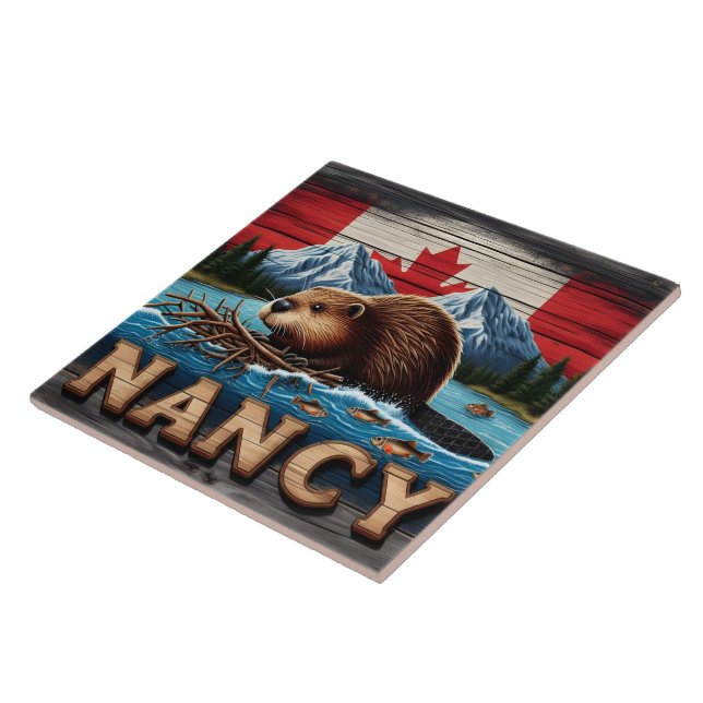 Canadian Beaver Builds Nest Near Mountain Lake Ceramic Tile (Side)