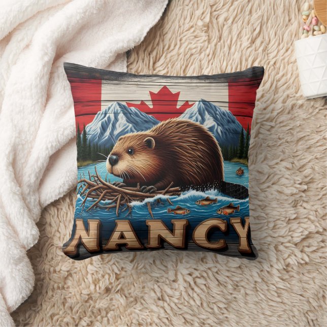 Canadian Beaver Builds Nest Near Mountain Lake Throw Pillow (Blanket)