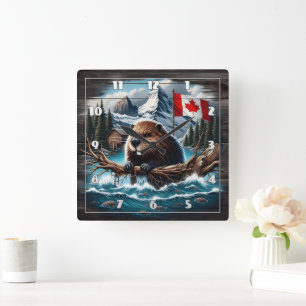 Canadian Beaver by Lake With Mountains and Flag Square Wall Clock