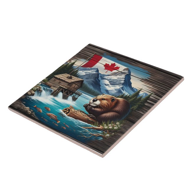 Canadian Beaver by Mountain Lake During Day Ceramic Tile (Side)