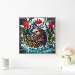 Canadian Beaver by Snowy Peaks Square Wall Clock