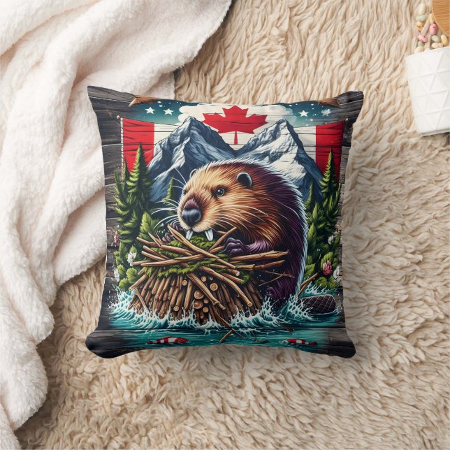 Canadian Beaver by Snowy Peaks Throw Pillow (Blanket)