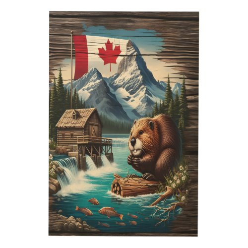 Canadian Beaver By The Falls Wood Wall Art