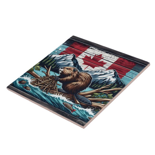 Canadian Beaver by the Flag and Mountains Ceramic Tile (Side)