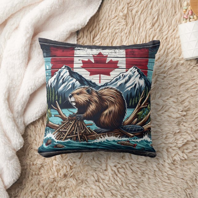 Canadian Beaver by the Flag and Mountains Throw Pillow (Blanket)