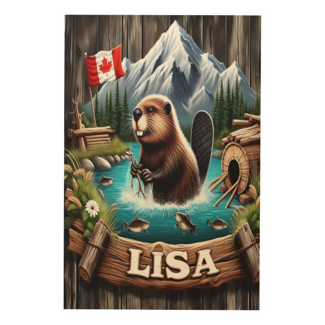 Canadian Beaver by the Lake Wood Wall Art (Front)