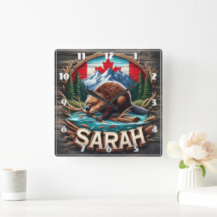 Canadian Beaver by Water With Mountains and Trees Square Wall Clock