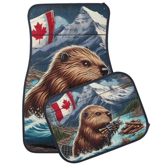 Canadian Beaver Collecting Sticks Near Mountains Car Floor Mat (Set)