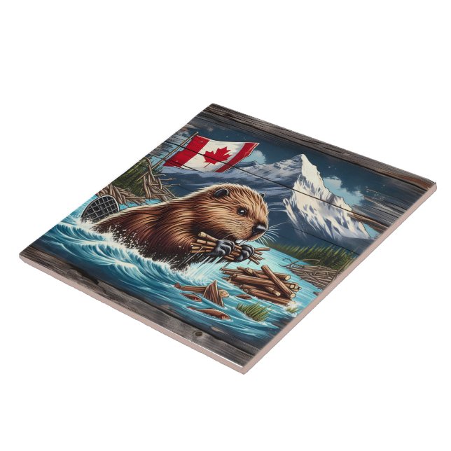 Canadian Beaver Collecting Sticks Near Mountains Ceramic Tile (Side)