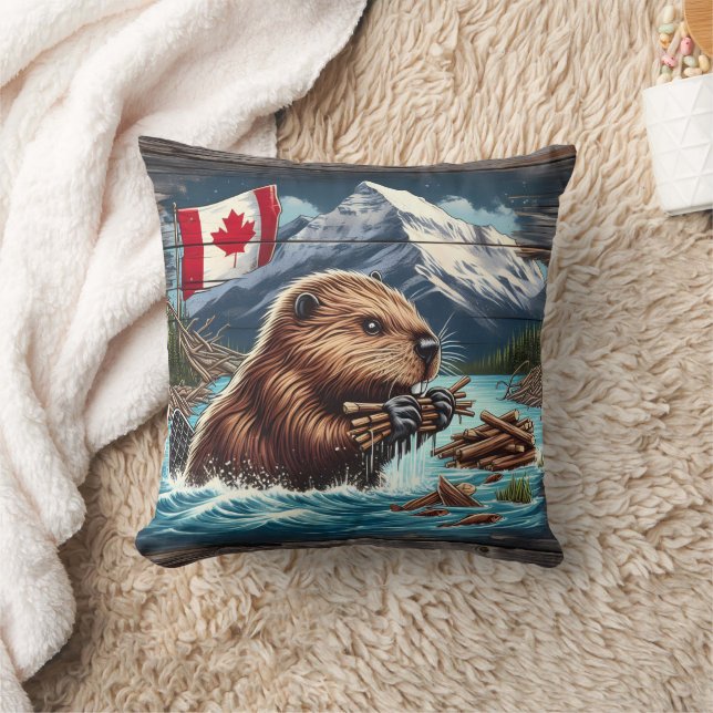 Canadian Beaver Collecting Sticks Near Mountains Throw Pillow (Blanket)