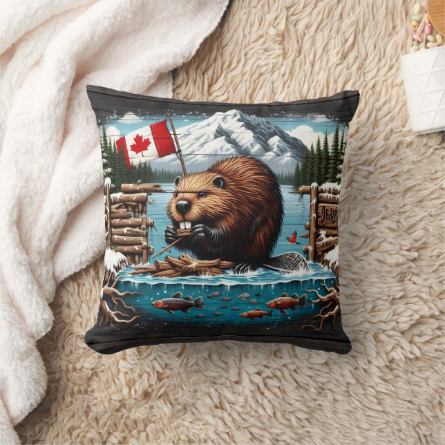 Canadian Beaver, Flag, Mountain, Ocean Throw Pillow (Blanket)